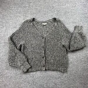 Natural Reflections Cardigan L Gray Black Marled Chunky Knit V-Neck Button